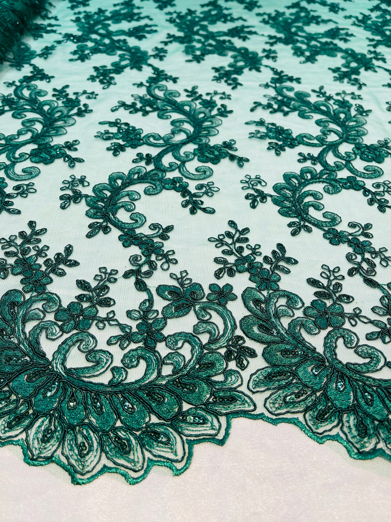 Lace Sequins Fabric - Hunter Green - Corded Flower Embroidery Design Mesh Fabric By The Yard