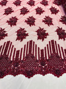 Beaded Fabric - Burgundy - Hand Embroidery Lace Bridal Floral Mesh Dress Fabric By Yard