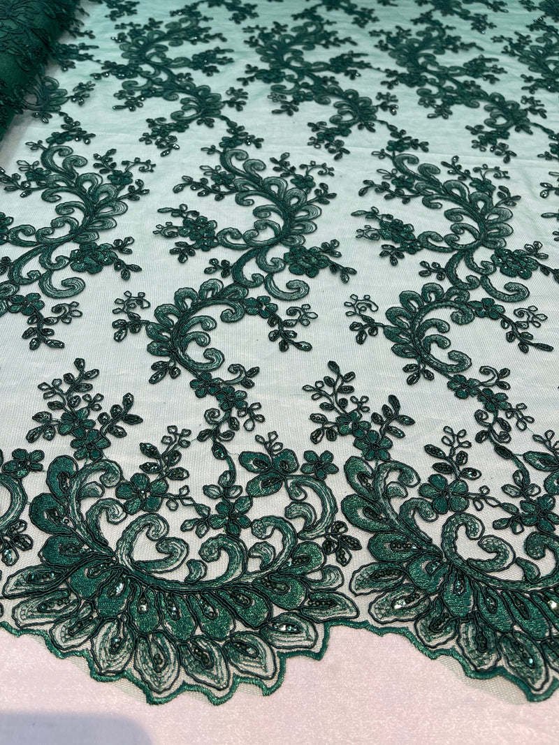 Lace Sequins Fabric - Hunter Green - Corded Flower Embroidery Design Mesh Fabric By The Yard