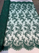 Lace Sequins Fabric - Hunter Green - Corded Flower Embroidery Design Mesh Fabric By The Yard