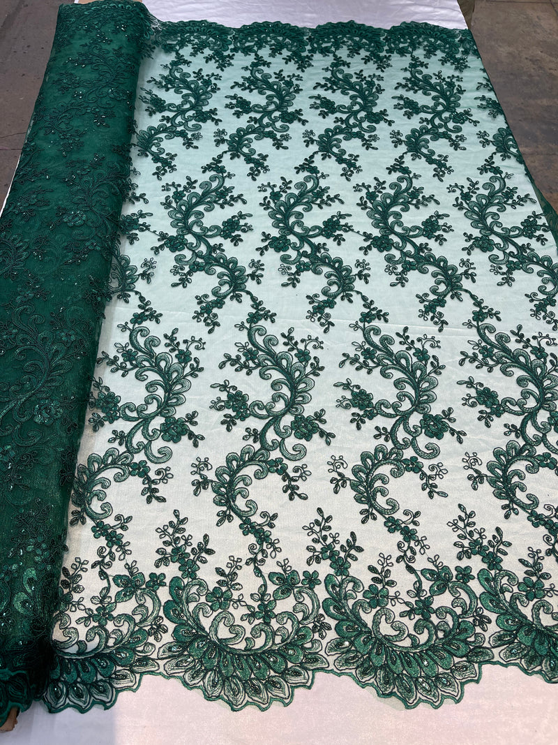 Lace Sequins Fabric - Hunter Green - Corded Flower Embroidery Design Mesh Fabric By The Yard