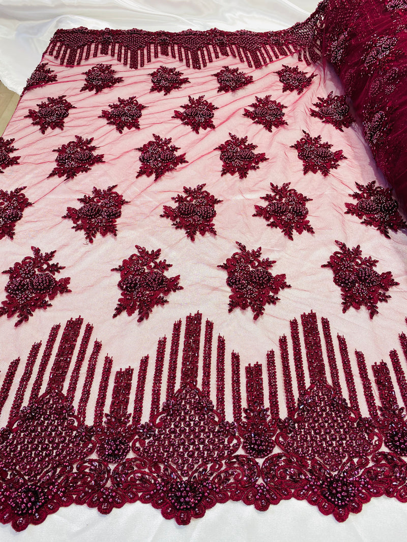 Beaded Fabric - Burgundy - Hand Embroidery Lace Bridal Floral Mesh Dress Fabric By Yard