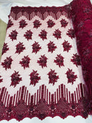 Beaded Fabric - Burgundy - Hand Embroidery Lace Bridal Floral Mesh Dress Fabric By Yard