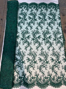 Lace Sequins Fabric - Hunter Green - Corded Flower Embroidery Design Mesh Fabric By The Yard