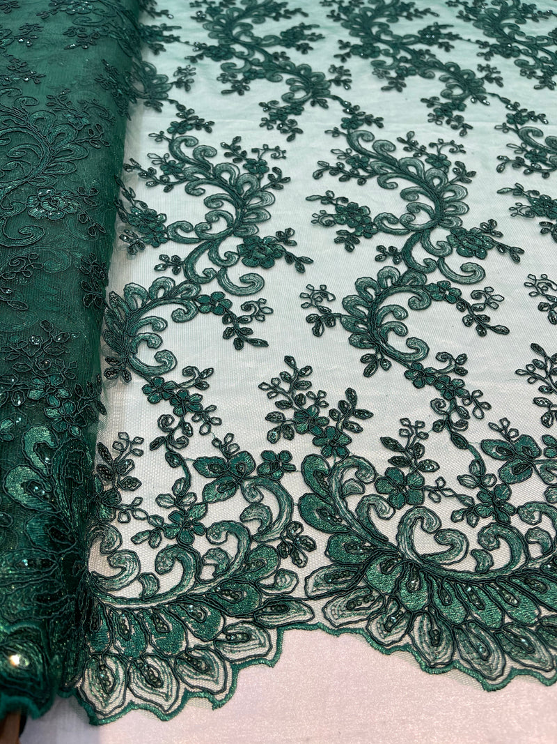 Lace Sequins Fabric - Hunter Green - Corded Flower Embroidery Design Mesh Fabric By The Yard