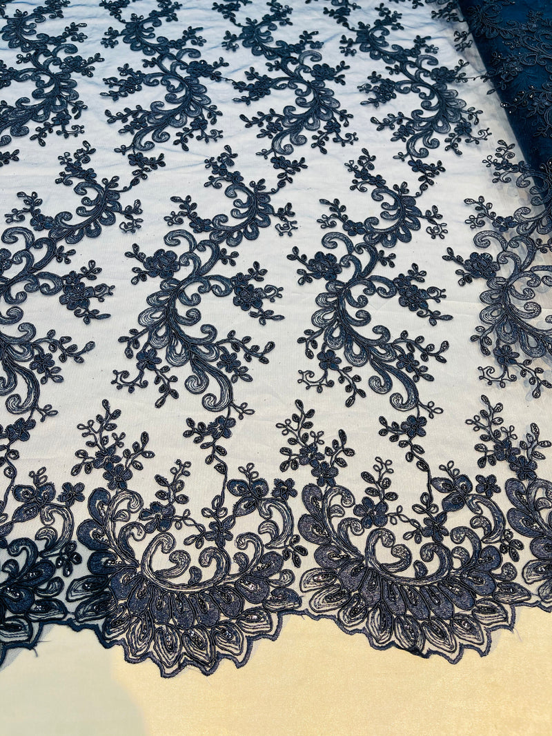 Lace Sequins Fabric - Navy Blue - Corded Flower Embroidery Design Mesh Fabric By The Yard
