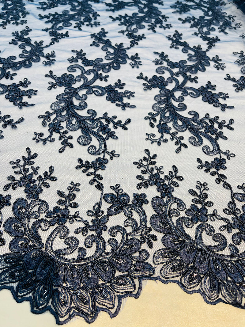 Lace Sequins Fabric - Navy Blue - Corded Flower Embroidery Design Mesh