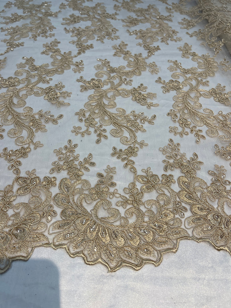 Lace Sequins Fabric - Champagne - Corded Flower Embroidery Design Mesh Fabric By The Yard