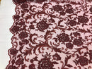 Beaded Floral - BURGUNDY - Luxury Wedding Bridal Embroidery Lace Fabric Sold By The Yard
