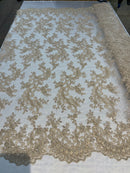 Lace Sequins Fabric - Champagne - Corded Flower Embroidery Design Mesh Fabric By The Yard