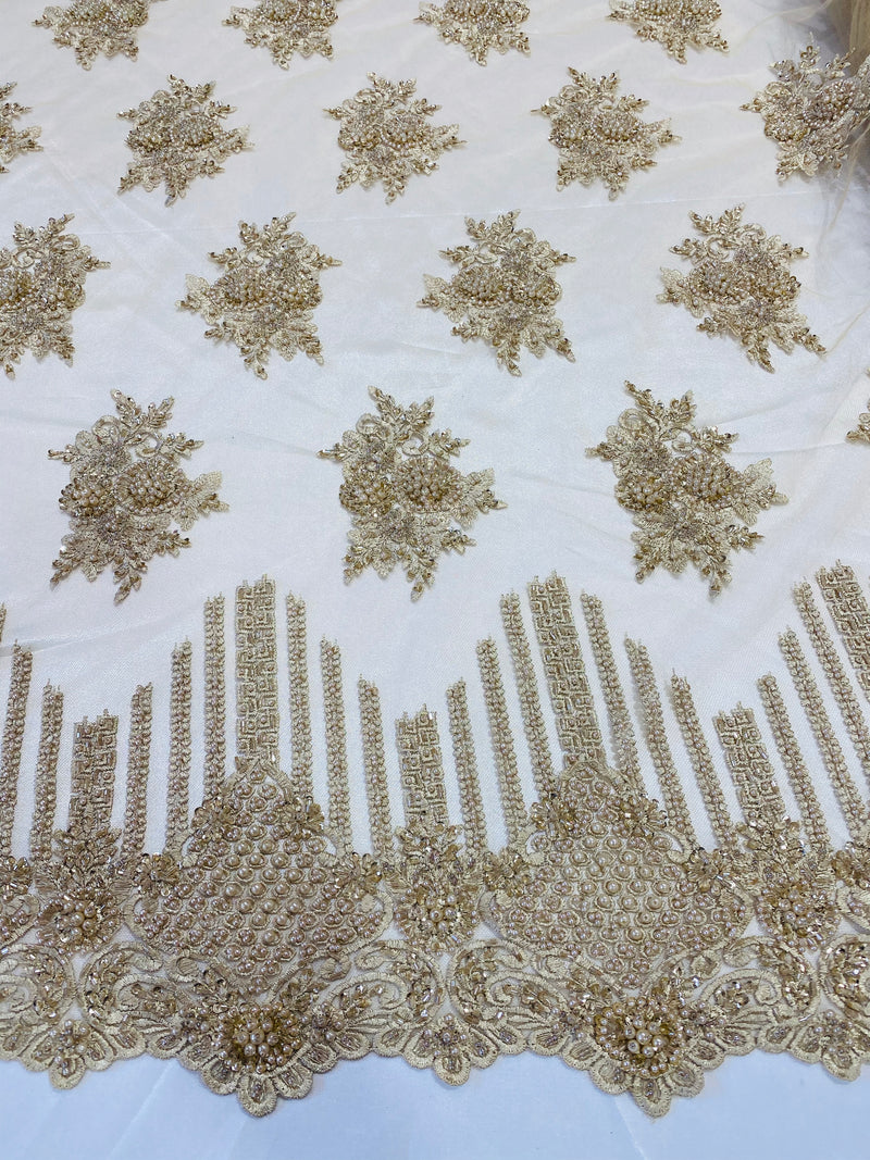 Beaded Fabric - Champagne - Hand Embroidery Lace Bridal Floral Mesh Dress Fabric By Yard