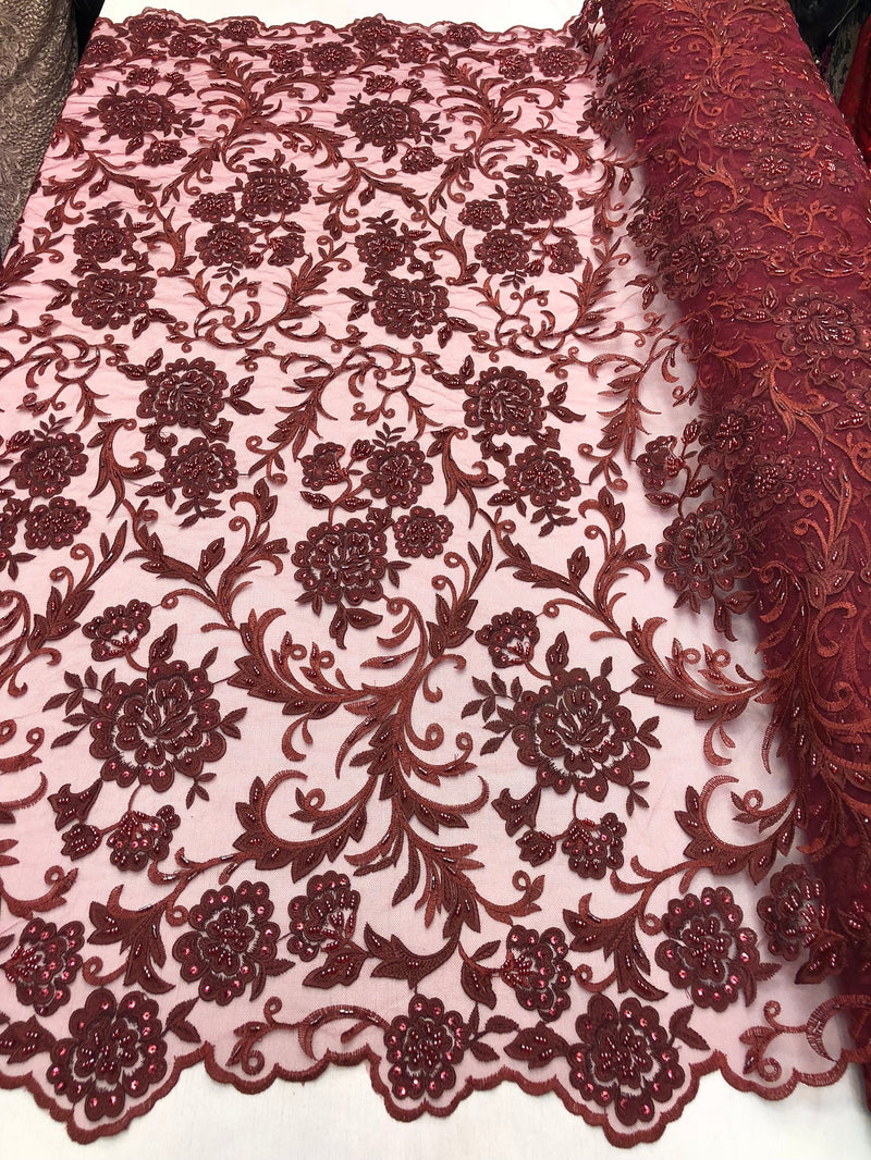 Beaded Floral - BURGUNDY - Luxury Wedding Bridal Embroidery Lace Fabric Sold By The Yard