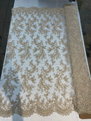 Lace Sequins Fabric - Champagne - Corded Flower Embroidery Design Mesh Fabric By The Yard