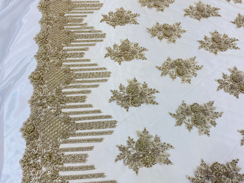 Beaded Fabric - Champagne - Hand Embroidery Lace Bridal Floral Mesh Dress Fabric By Yard