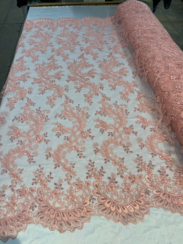 Lace Sequins Fabric - Coral - Corded Flower Embroidery Design Mesh Fabric By The Yard