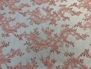 Lace Sequins Fabric - Coral - Corded Flower Embroidery Design Mesh Fabric By The Yard