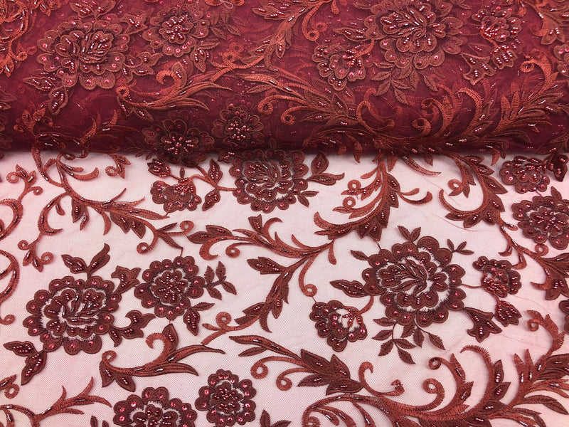 Beaded Floral - BURGUNDY - Luxury Wedding Bridal Embroidery Lace Fabric Sold By The Yard