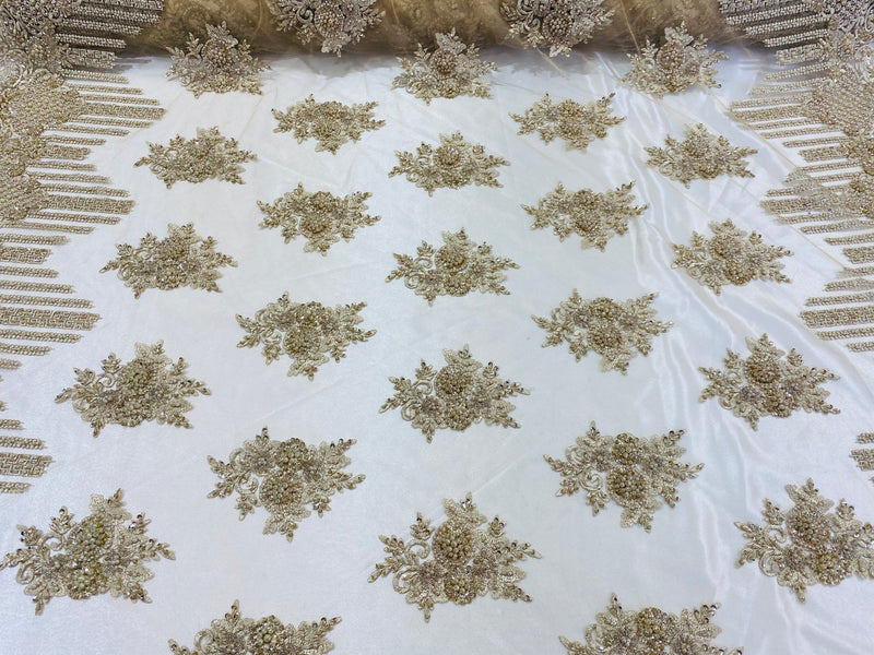 Beaded Fabric - Champagne - Hand Embroidery Lace Bridal Floral Mesh Dress Fabric By Yard