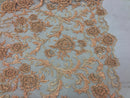 Beaded Floral - BLUSH PEACH - Luxury Wedding Bridal Embroidery Lace Fabric Sold By The Yard
