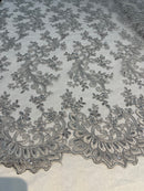 Lace Sequins Fabric - Silver - Corded Flower Embroidery Design Mesh Fabric By The Yard