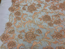 Beaded Floral - BLUSH PEACH - Luxury Wedding Bridal Embroidery Lace Fabric Sold By The Yard