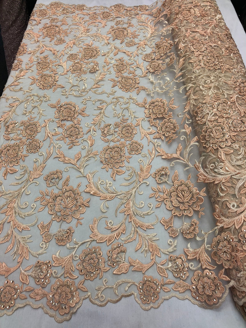 Beaded Floral - BLUSH PEACH - Luxury Wedding Bridal Embroidery Lace Fabric Sold By The Yard