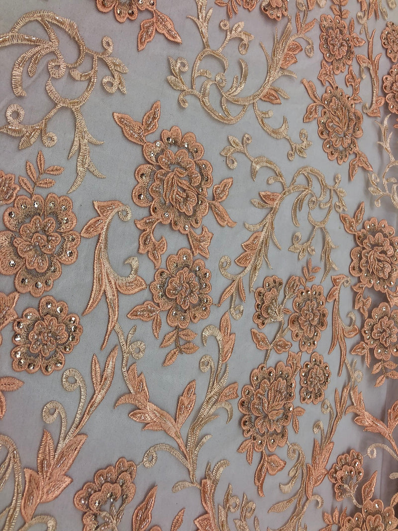 Beaded Floral - BLUSH PEACH - Luxury Wedding Bridal Embroidery Lace Fabric Sold By The Yard