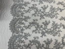 Lace Sequins Fabric - Silver - Corded Flower Embroidery Design Mesh Fabric By The Yard