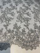 Lace Sequins Fabric - Silver - Corded Flower Embroidery Design Mesh Fabric By The Yard