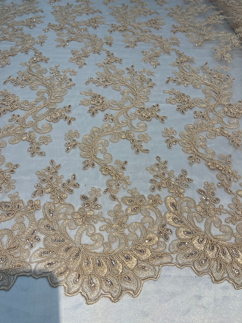 Lace Sequins Fabric - Beige - Corded Flower Embroidery Design Mesh Fabric By The Yard