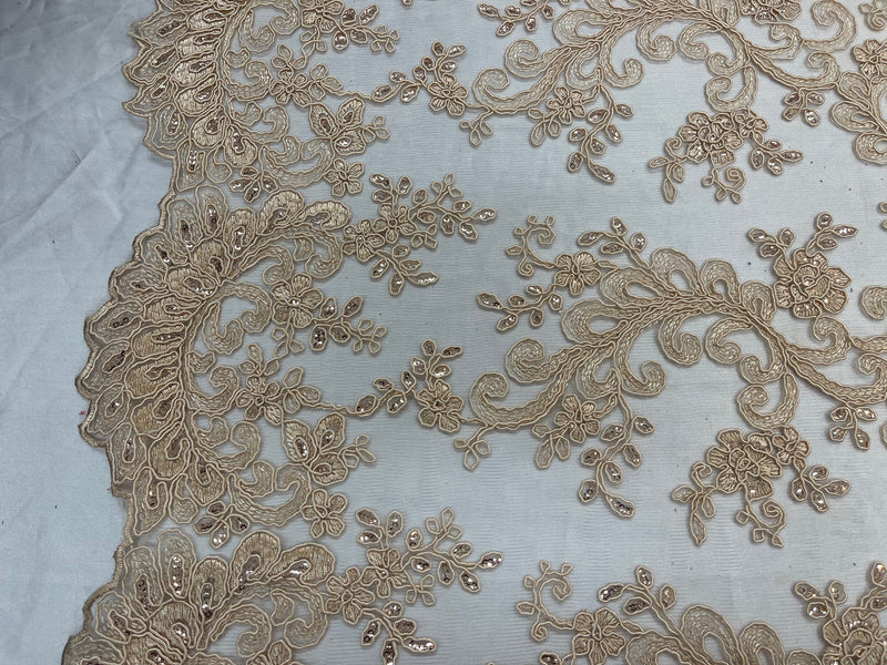 Lace Sequins Fabric - Beige - Corded Flower Embroidery Design Mesh Fabric By The Yard