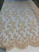 Lace Sequins Fabric - Beige - Corded Flower Embroidery Design Mesh Fabric By The Yard