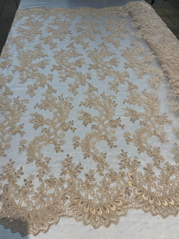 Lace Sequins Fabric - Beige - Corded Flower Embroidery Design Mesh Fabric By The Yard