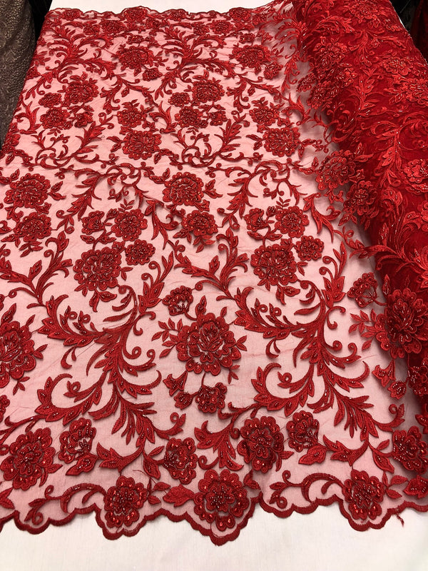 Beaded Floral - RED - Luxury Wedding Bridal Embroidery Lace Fabric Sold By The Yard