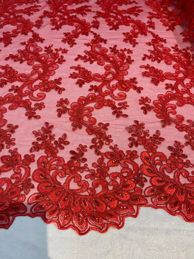 Lace Sequins Fabric - Red - Corded Flower Embroidery Design Mesh Fabric By The Yard