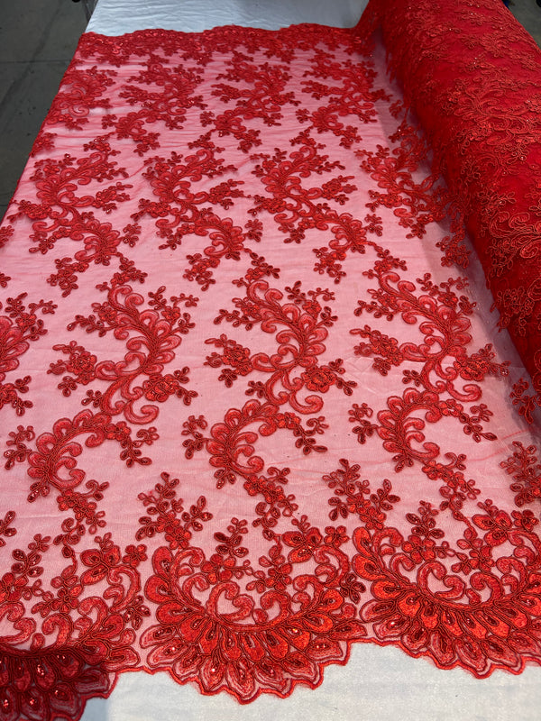 Lace Sequins Fabric - Red - Corded Flower Embroidery Design Mesh Fabric By The Yard