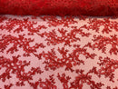 Lace Sequins Fabric - Red - Corded Flower Embroidery Design Mesh Fabric By The Yard