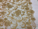 Beaded Floral - GOLD - Luxury Wedding Bridal Embroidery Lace Fabric Sold By The Yard