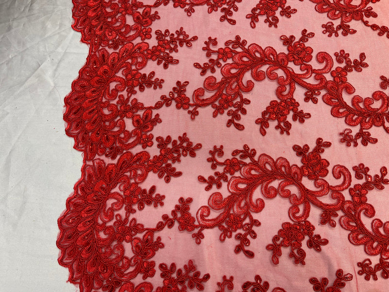 Lace Sequins Fabric - Red - Corded Flower Embroidery Design Mesh Fabric By The Yard