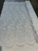 Lace Sequins Fabric - White - Corded Flower Embroidery Design Mesh Fabric By The Yard