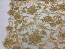 Beaded Floral - GOLD - Luxury Wedding Bridal Embroidery Lace Fabric Sold By The Yard