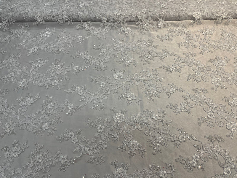 Lace Sequins Fabric - White - Corded Flower Embroidery Design Mesh Fabric By The Yard