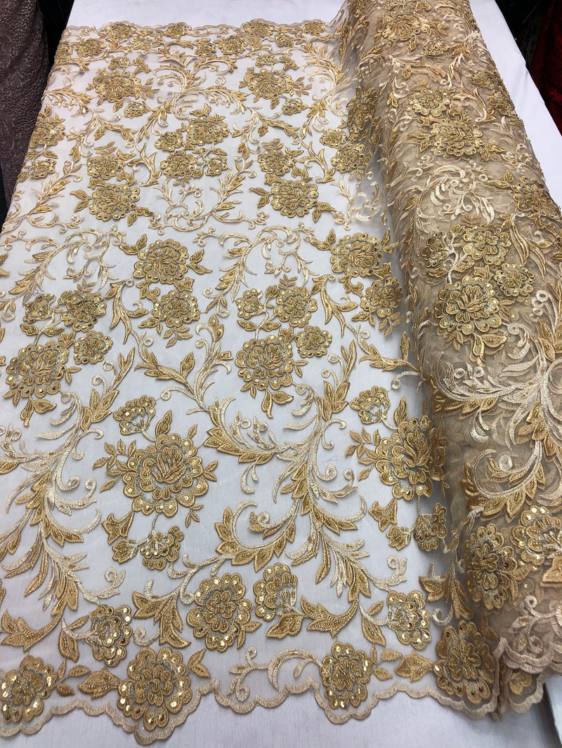 Beaded Floral - GOLD - Luxury Wedding Bridal Embroidery Lace Fabric Sold By The Yard