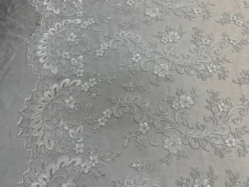 Lace Sequins Fabric - White - Corded Flower Embroidery Design Mesh Fabric By The Yard