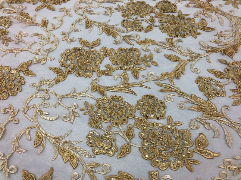 Beaded Floral - GOLD - Luxury Wedding Bridal Embroidery Lace Fabric Sold By The Yard