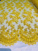 Lace Sequins Fabric - Yellow - Corded Flower Embroidery Design Mesh Fabric By The Yard