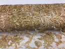 Beaded Floral - GOLD - Luxury Wedding Bridal Embroidery Lace Fabric Sold By The Yard