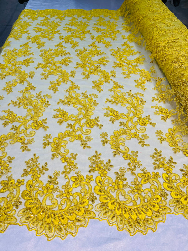 Lace Sequins Fabric - Yellow - Corded Flower Embroidery Design Mesh Fabric By The Yard