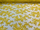 Lace Sequins Fabric - Yellow - Corded Flower Embroidery Design Mesh Fabric By The Yard