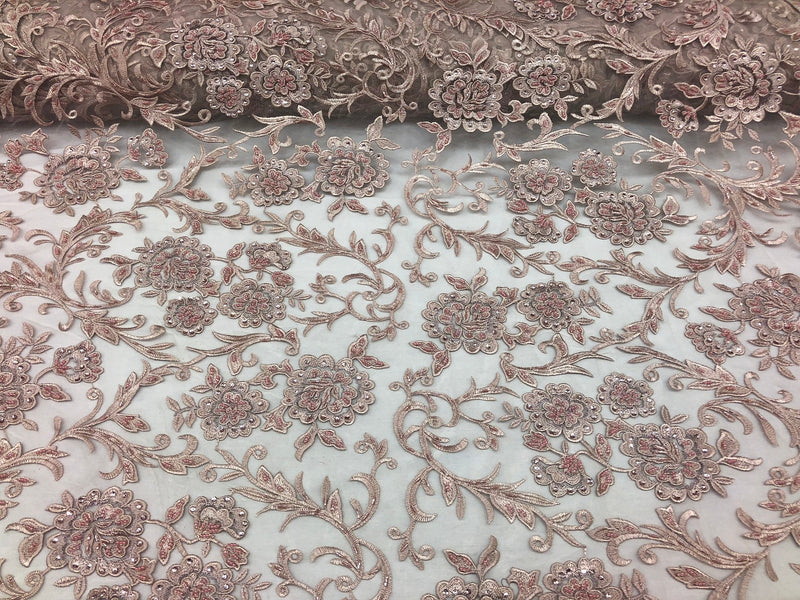 Beaded Floral - BLUSH - Luxury Wedding Bridal Embroidery Lace Fabric Sold By The Yard